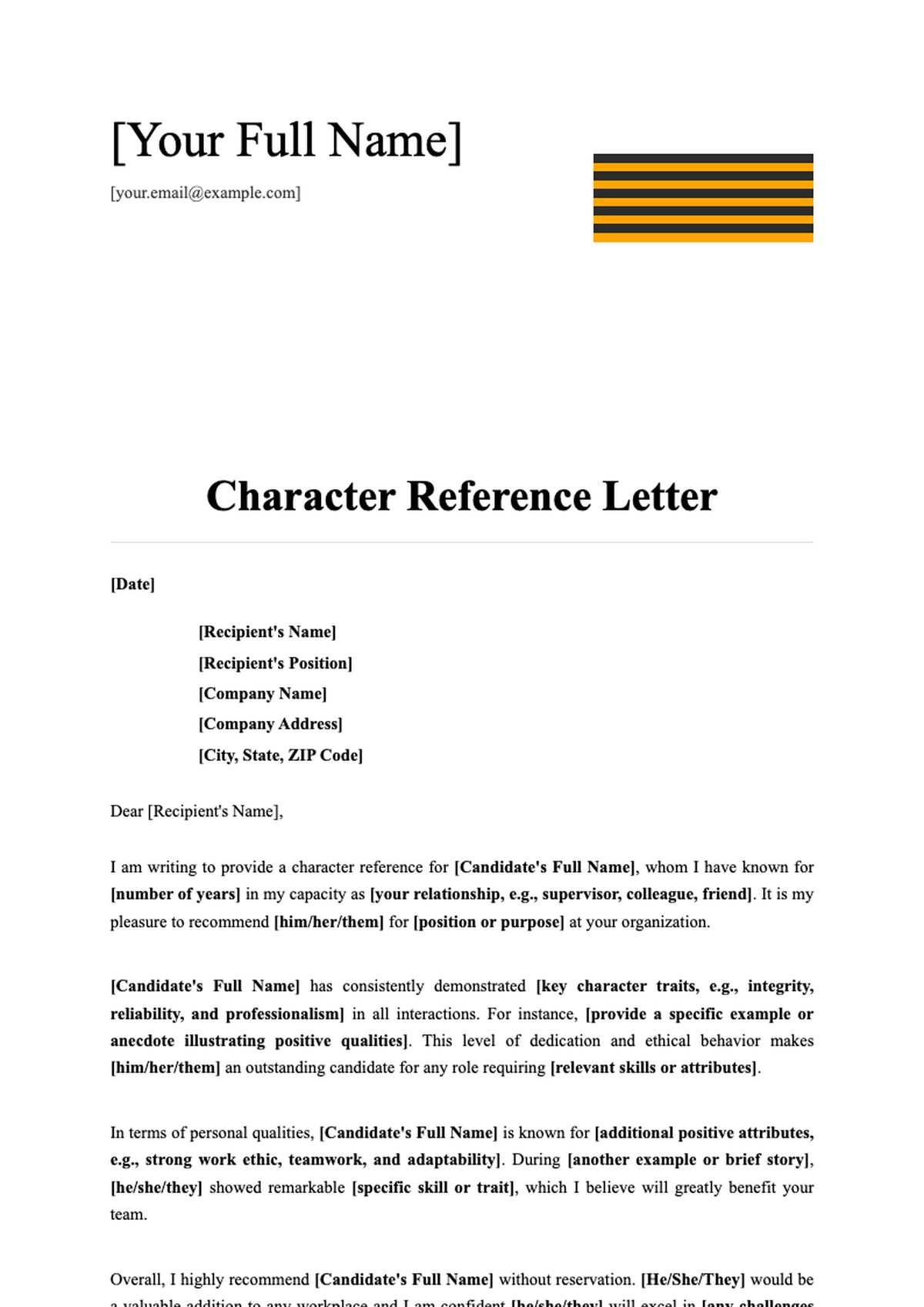 Character reference letter template for job application with placeholder fields and modern design_variant_3
